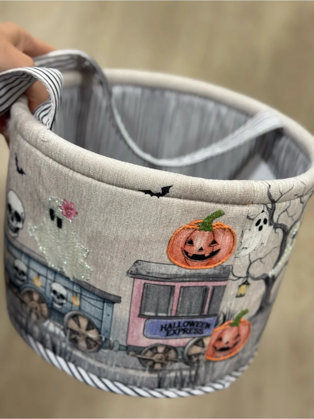Kids Halloween Treat Basket - Neutral Gray Pumpkin Train